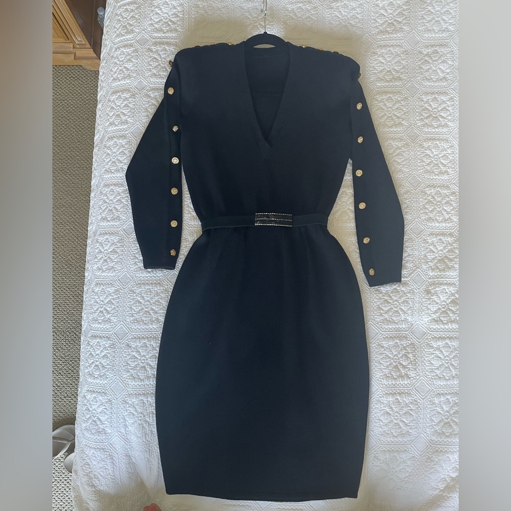St. John Knit Elegant Black Dress with Gold Button Accents